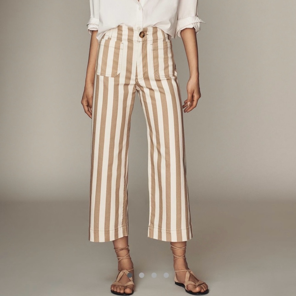 Anthropologie Beige and White Striped Cropped Wide-Leg Pants